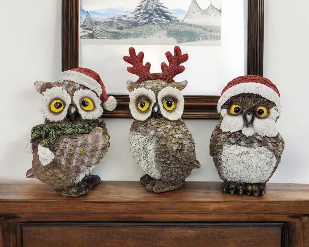 Set of Three Brown White And Red Resin Owl Figurine HomeRoots