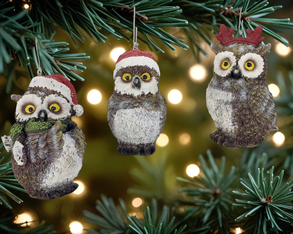 Set of Three Brown White And Red Resin Owl Figurine HomeRoots