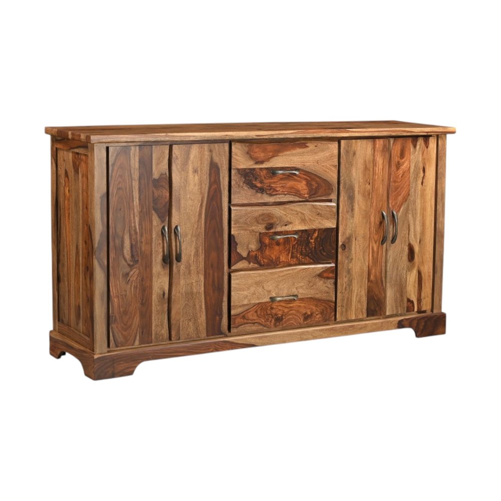 72" Brown Solid Wood Live Edge Three Drawer Sideboard With Four Doors