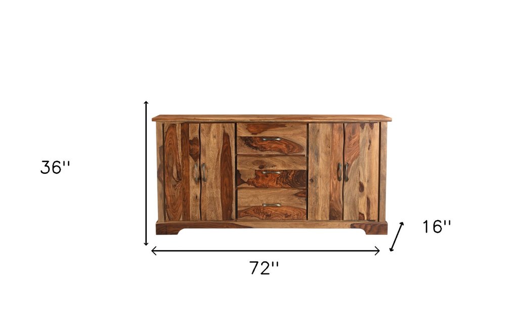 72" Brown Solid Wood Live Edge Three Drawer Sideboard With Four Doors
