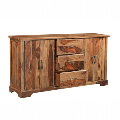 72" Brown Solid Wood Live Edge Three Drawer Sideboard With Four Doors