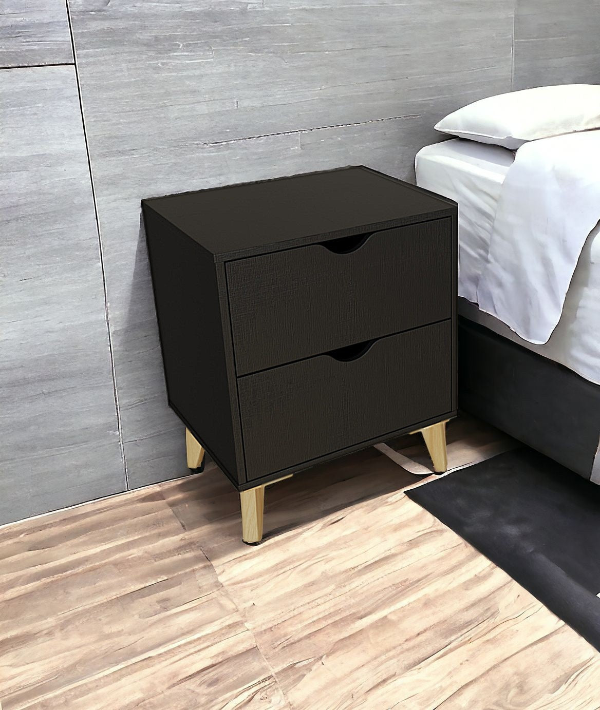 24" Black Two Drawer Faux Wood Nightstand