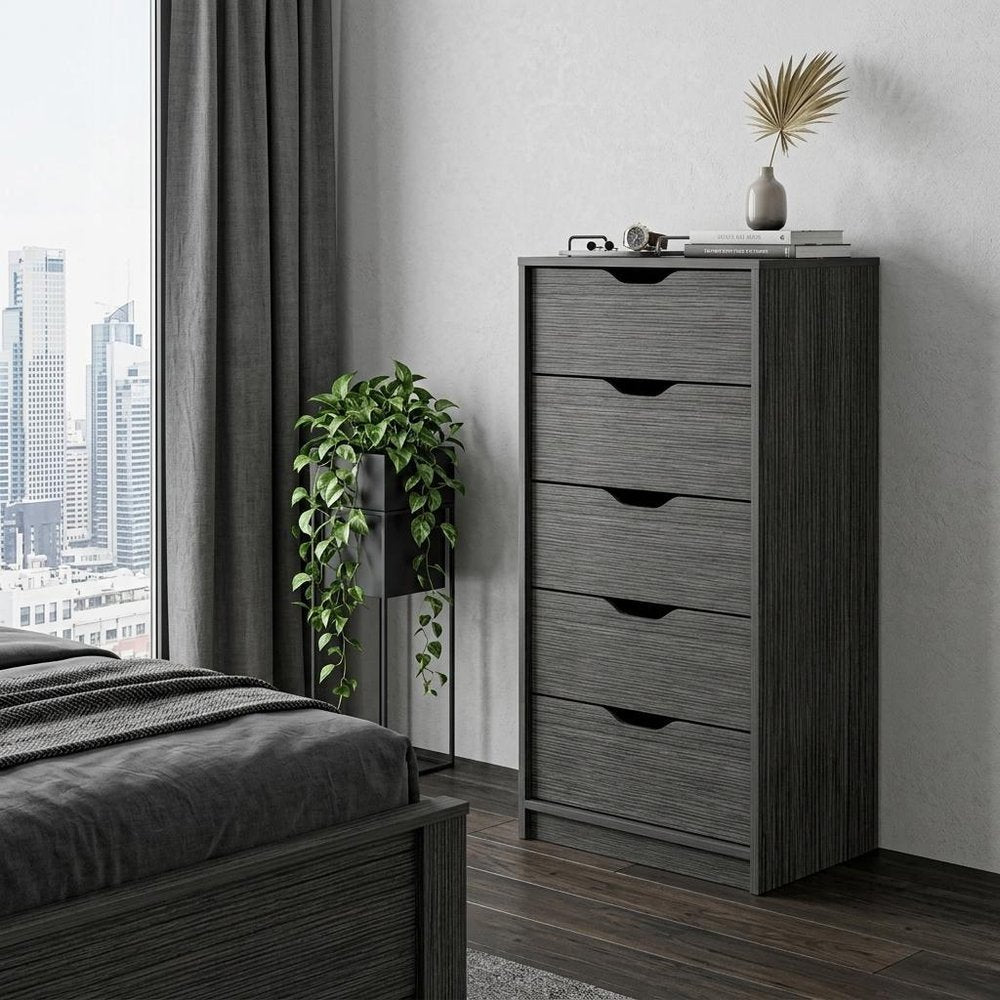 18" Gray Wood Five Drawer Dresser — view 8