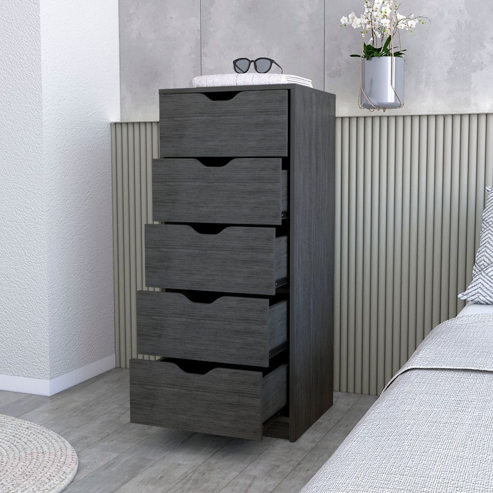 18" Gray Wood Five Drawer Dresser — view 3