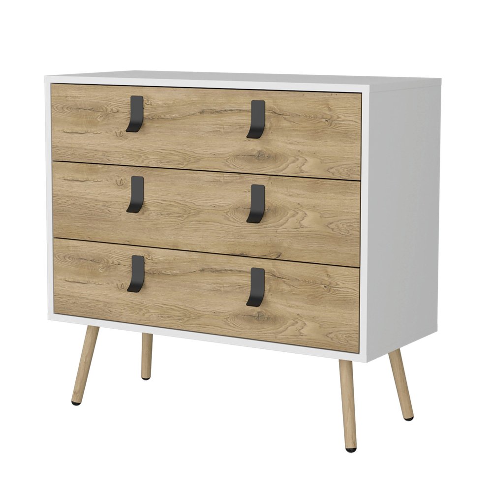 32" White And Natural Wood And Metal Three Drawer Dresser