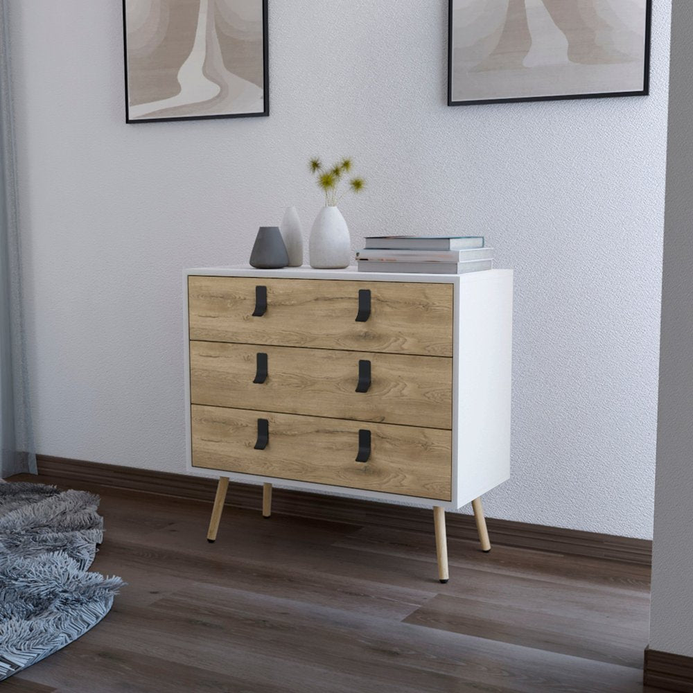 32" White And Natural Wood And Metal Three Drawer Dresser — view 2