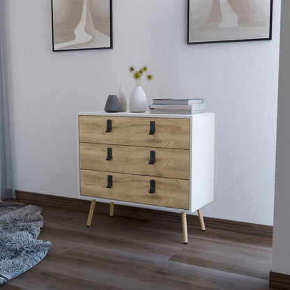 32" White And Natural Wood And Metal Three Drawer Dresser