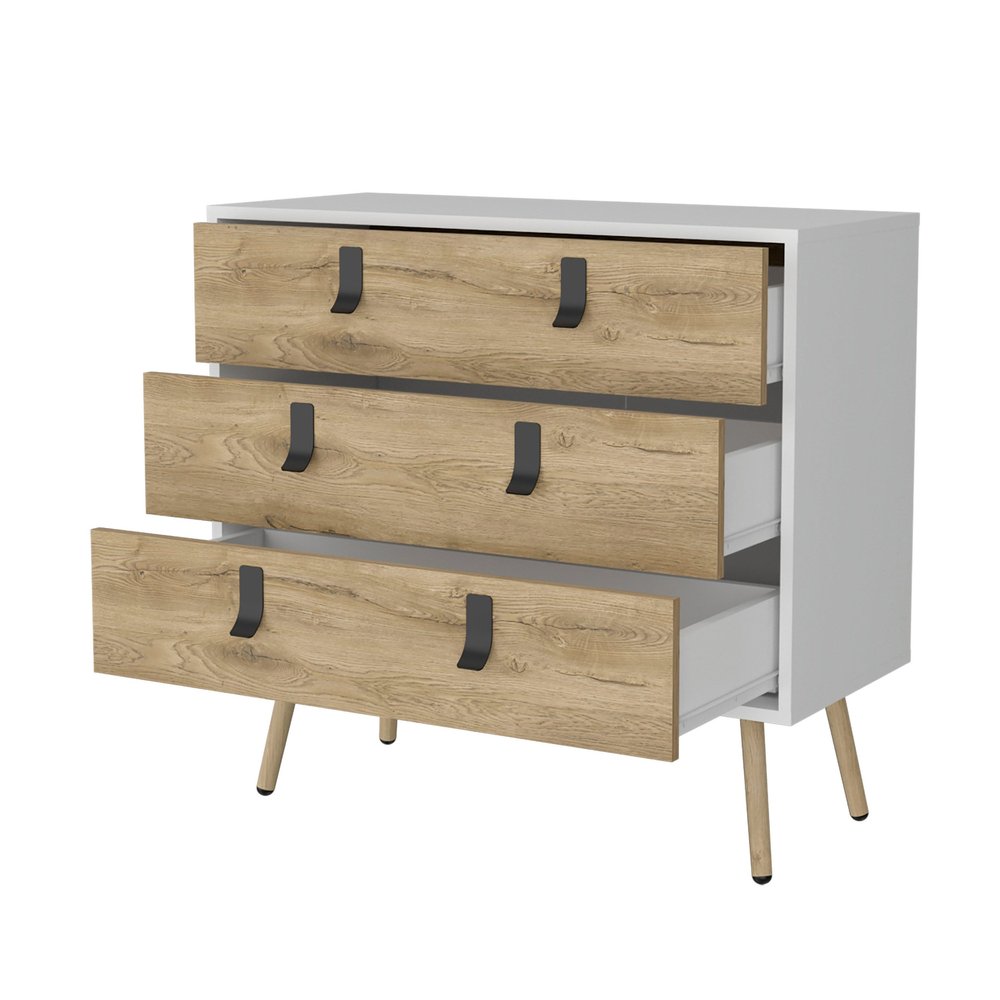 32" White And Natural Wood And Metal Three Drawer Dresser — view 3