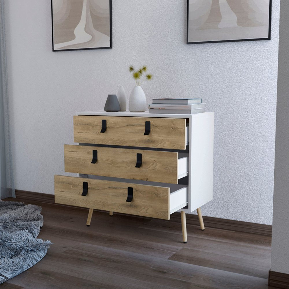 32" White And Natural Wood And Metal Three Drawer Dresser