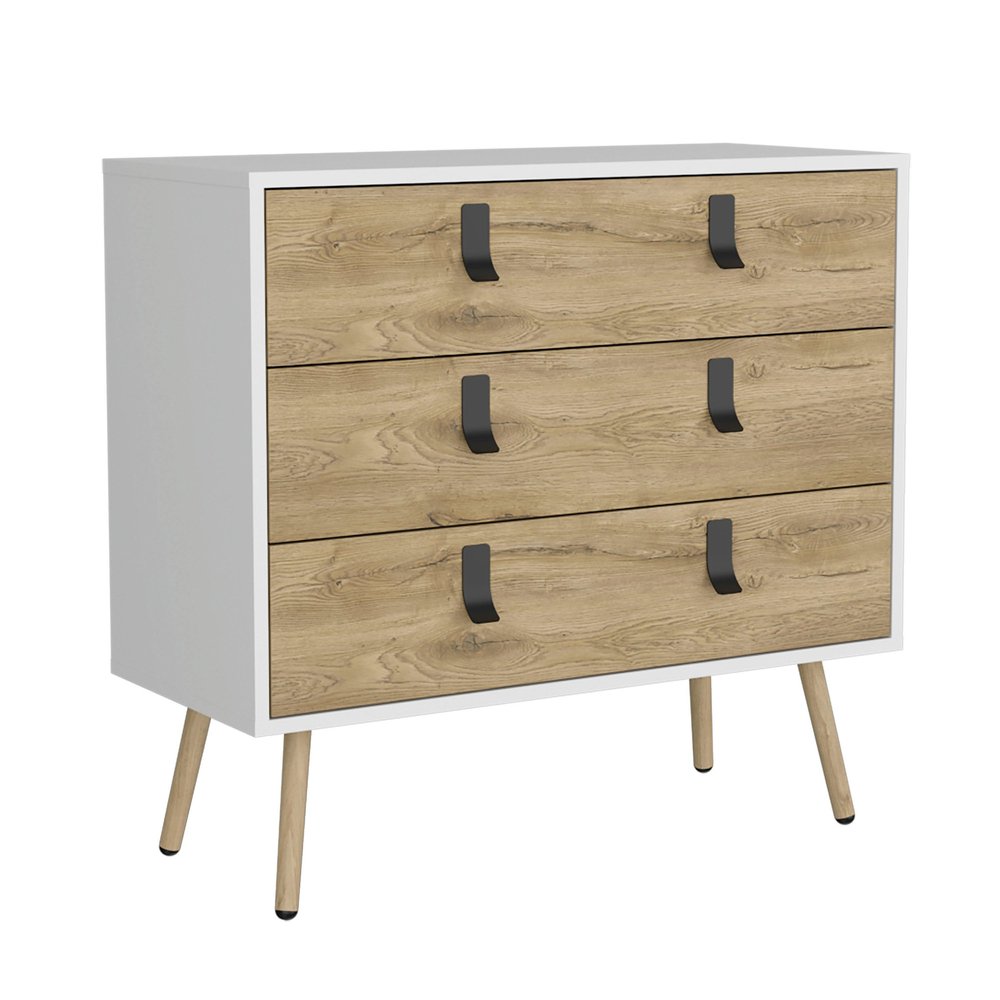 32" White And Natural Wood And Metal Three Drawer Dresser — view 6