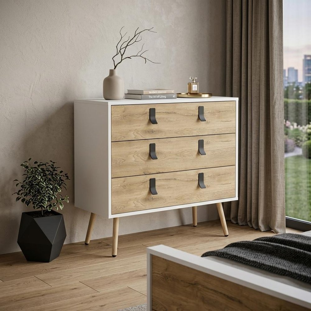 32" White And Natural Wood And Metal Three Drawer Dresser