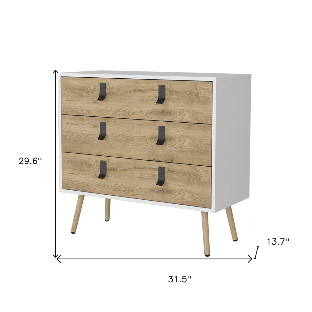 32" White And Natural Wood And Metal Three Drawer Dresser — view 7