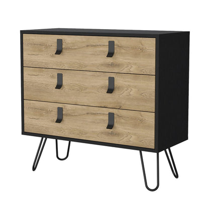 32" Natural And Black Wood And Metal Three Drawer Dresser