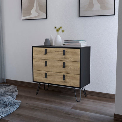 32" Natural And Black Wood And Metal Three Drawer Dresser