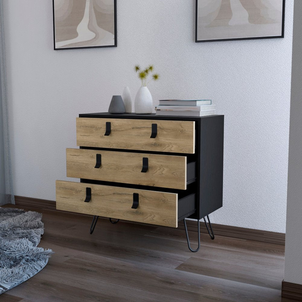32" Natural And Black Wood And Metal Three Drawer Dresser — view 3