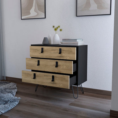 32" Natural And Black Wood And Metal Three Drawer Dresser