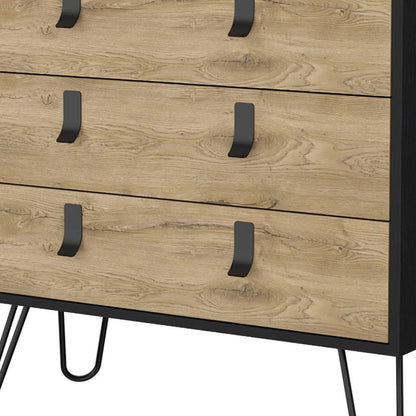 32" Natural And Black Wood And Metal Three Drawer Dresser