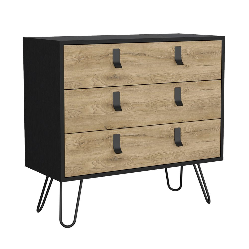 32" Natural And Black Wood And Metal Three Drawer Dresser