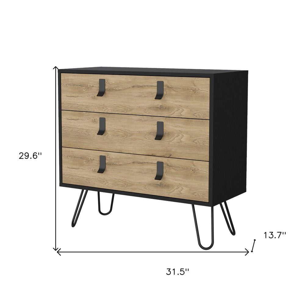32" Natural And Black Wood And Metal Three Drawer Dresser — view 6