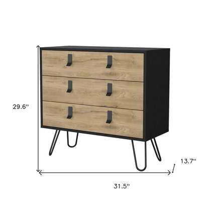 32" Natural And Black Wood And Metal Three Drawer Dresser