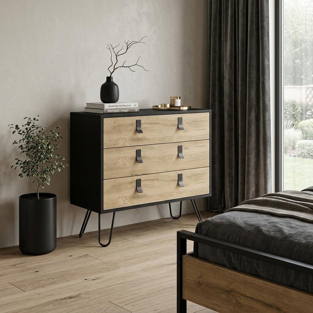 32" Natural And Black Wood And Metal Three Drawer Dresser