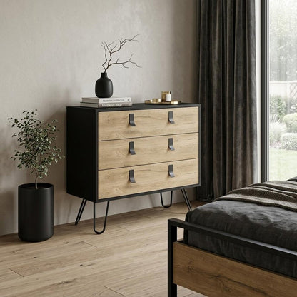32" Natural And Black Wood And Metal Three Drawer Dresser