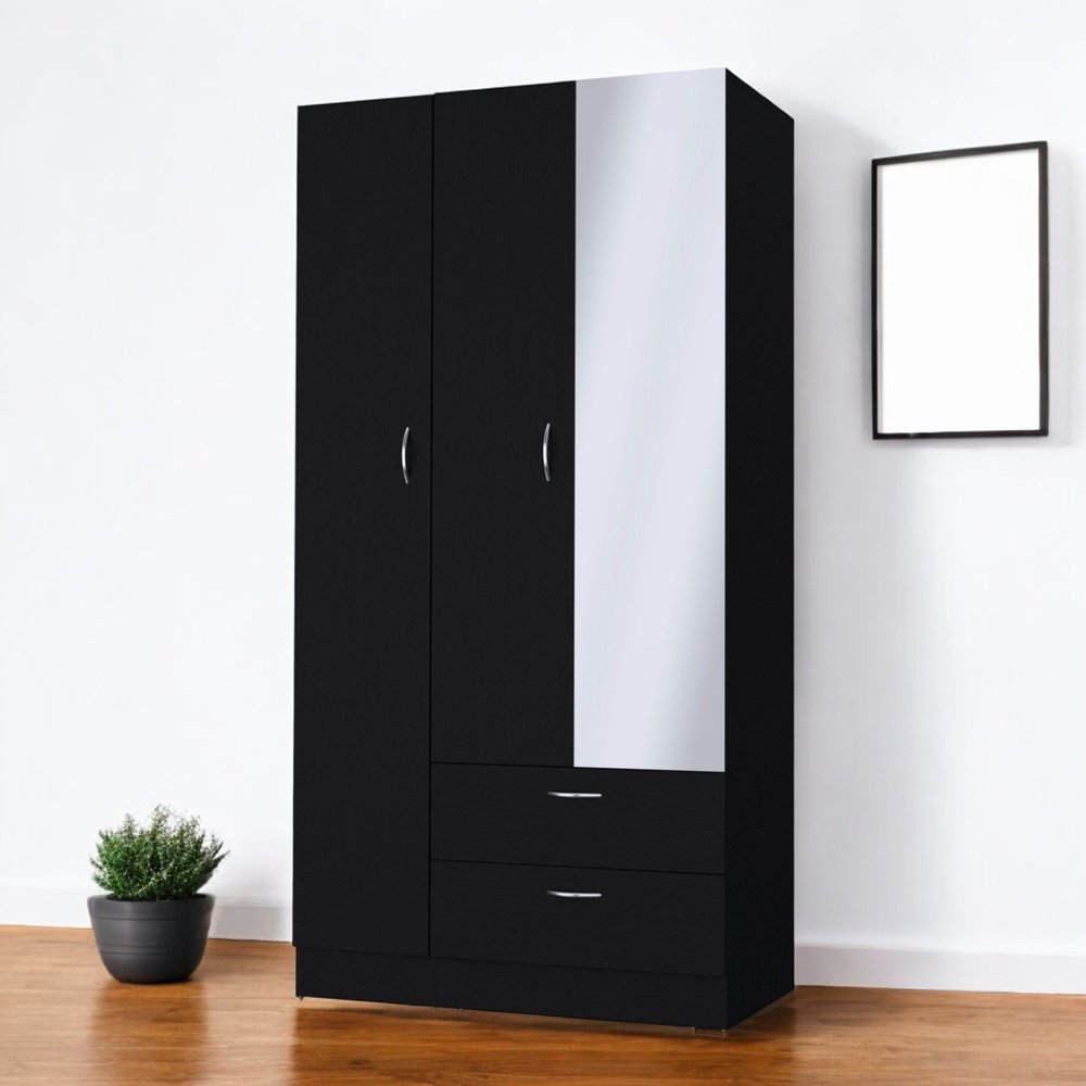 71" Black Wood And Metal Mirrored Three Door Two Drawer Combo Dresser — view 5
