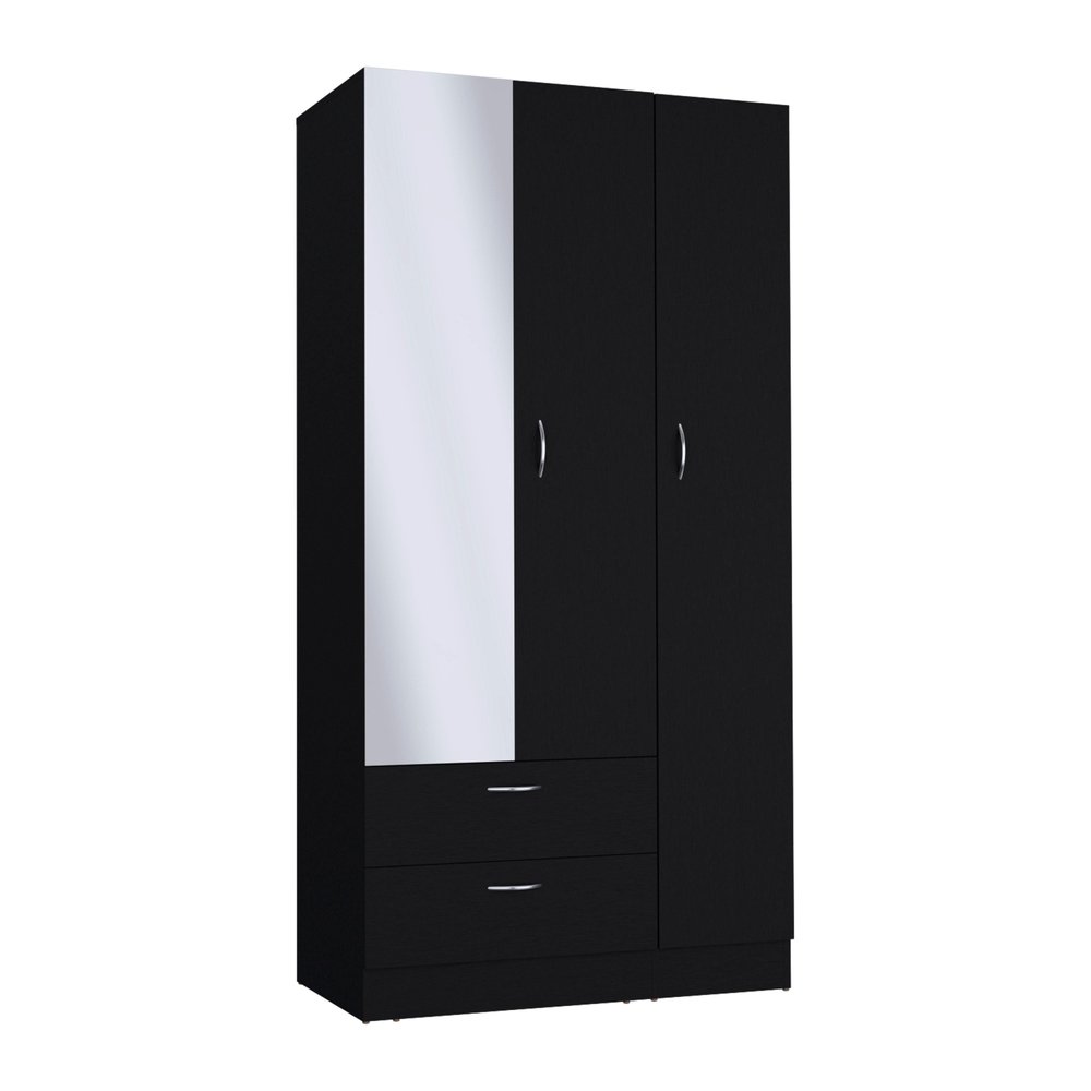 71" Black Wood And Metal Mirrored Three Door Two Drawer Combo Dresser