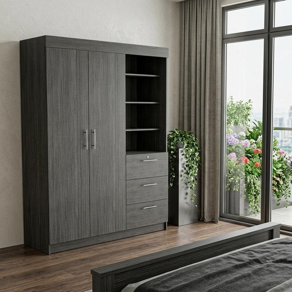79" Gray Wood And Metal Two Door Three Drawer Combo Dresser — view 6