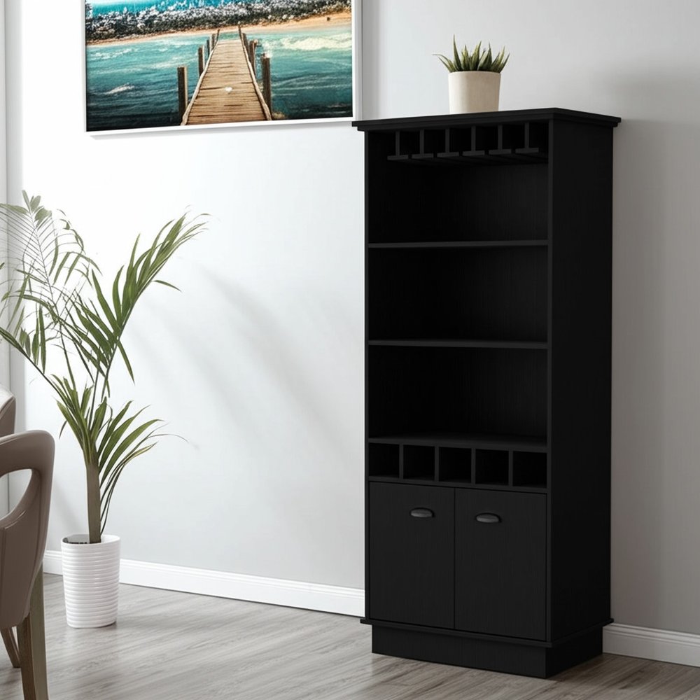 70" Black Wood Bar Cabinet With Two Doors — view 6