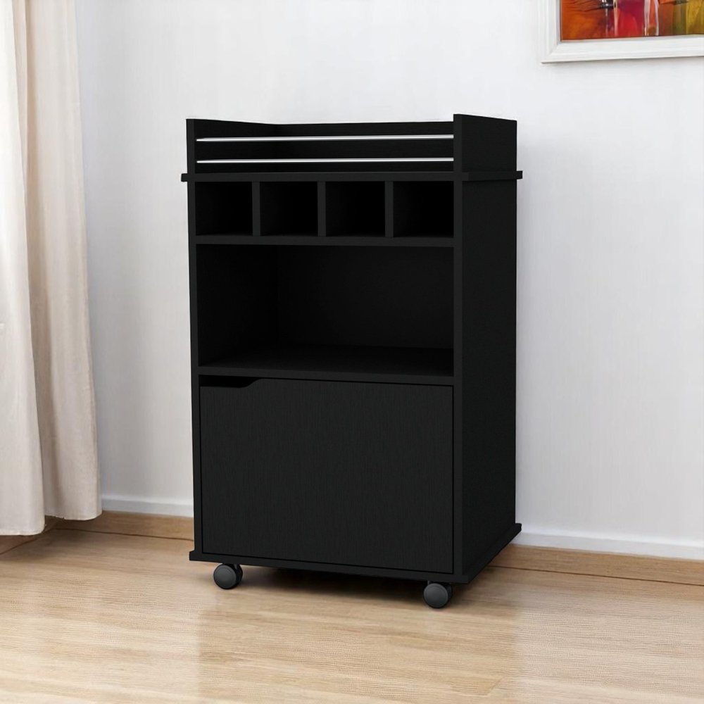 22" Black Wood Rolling Bar Cart With Wine Storage — view 6