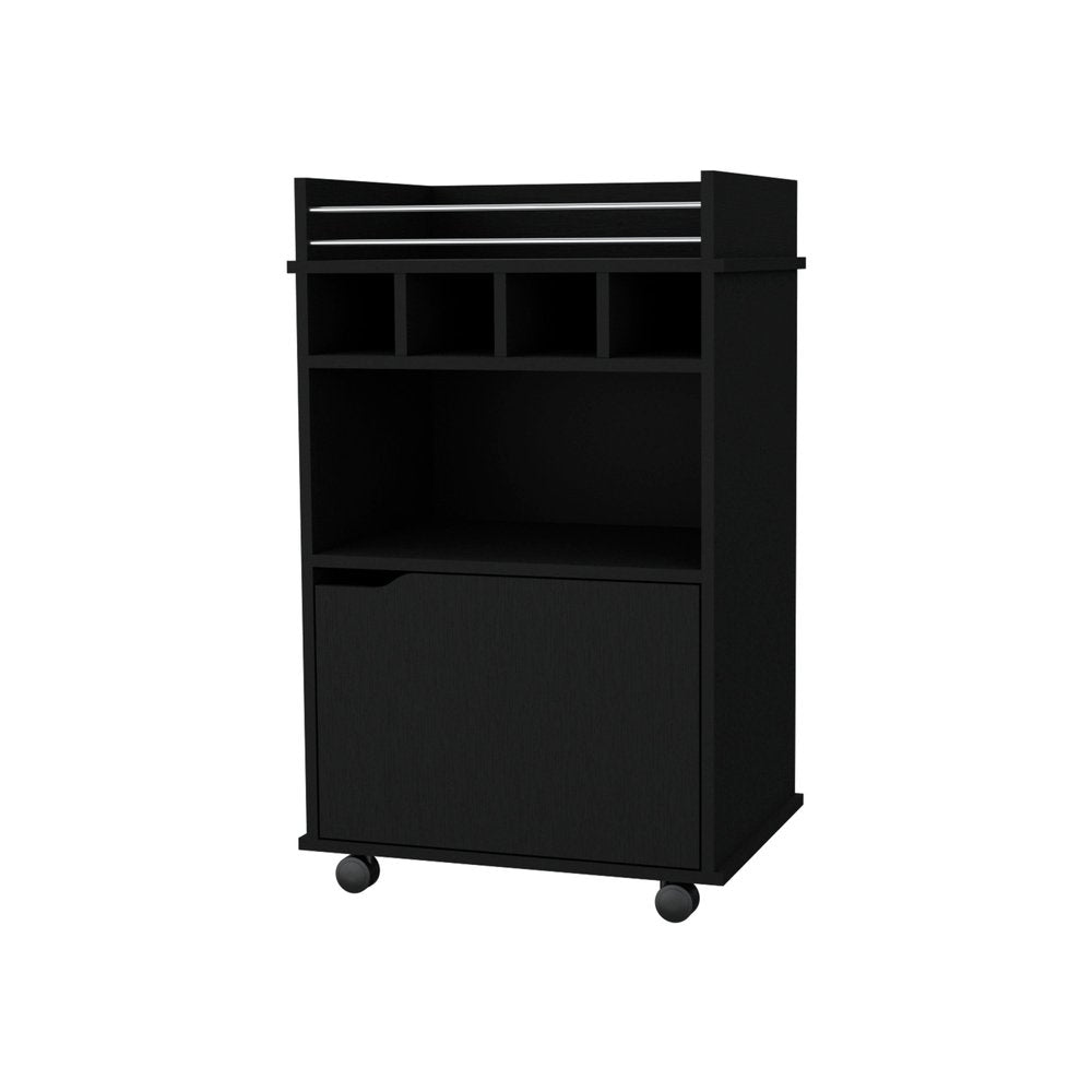 22" Black Wood Rolling Bar Cart With Wine Storage — view 1