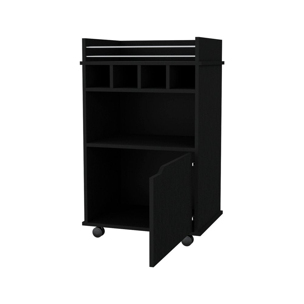 22" Black Wood Rolling Bar Cart With Wine Storage — view 2