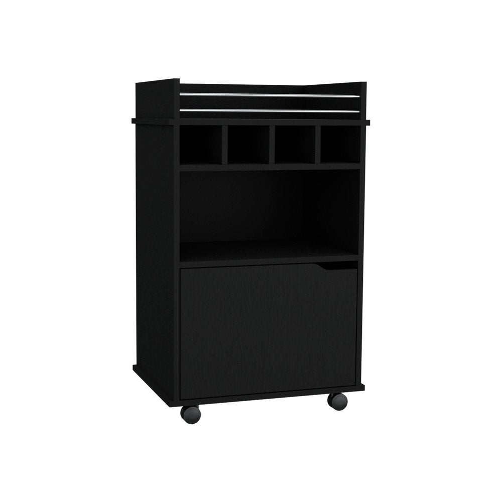 22" Black Wood Rolling Bar Cart With Wine Storage — view 4