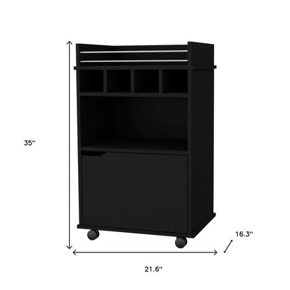 22" Black Wood Rolling Bar Cart With Wine Storage