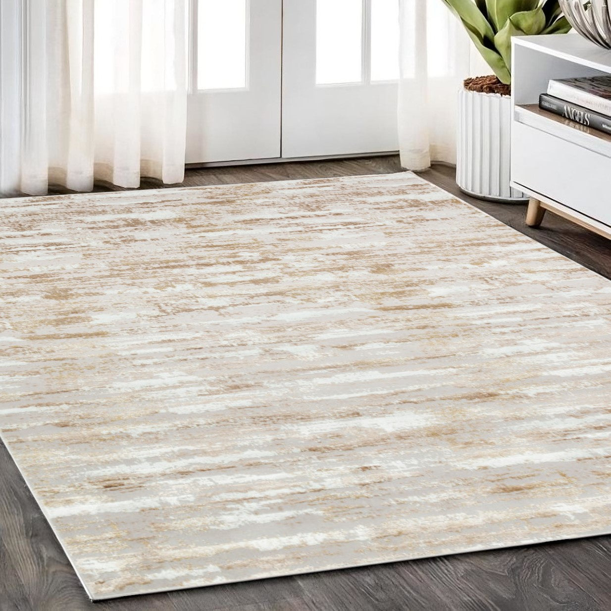 4' X 6' Gold and Ivory Abstract Washable Non Skid Area Rug - 48.0" (H) x 72.0" (W) x 0.2" (D)