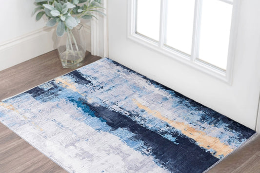 2' X 3' Blue and Yellow Abstract Printed Washable Non Skid Area Rug - 45.0" (L) x 69.0" (W) x 0.8" (H)