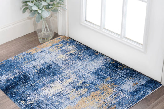 2' X 3' Blue and Gold Abstract Printed Washable Non Skid Area Rug - 47.24" (L) x 47.24" (W) x 0.75" (H)