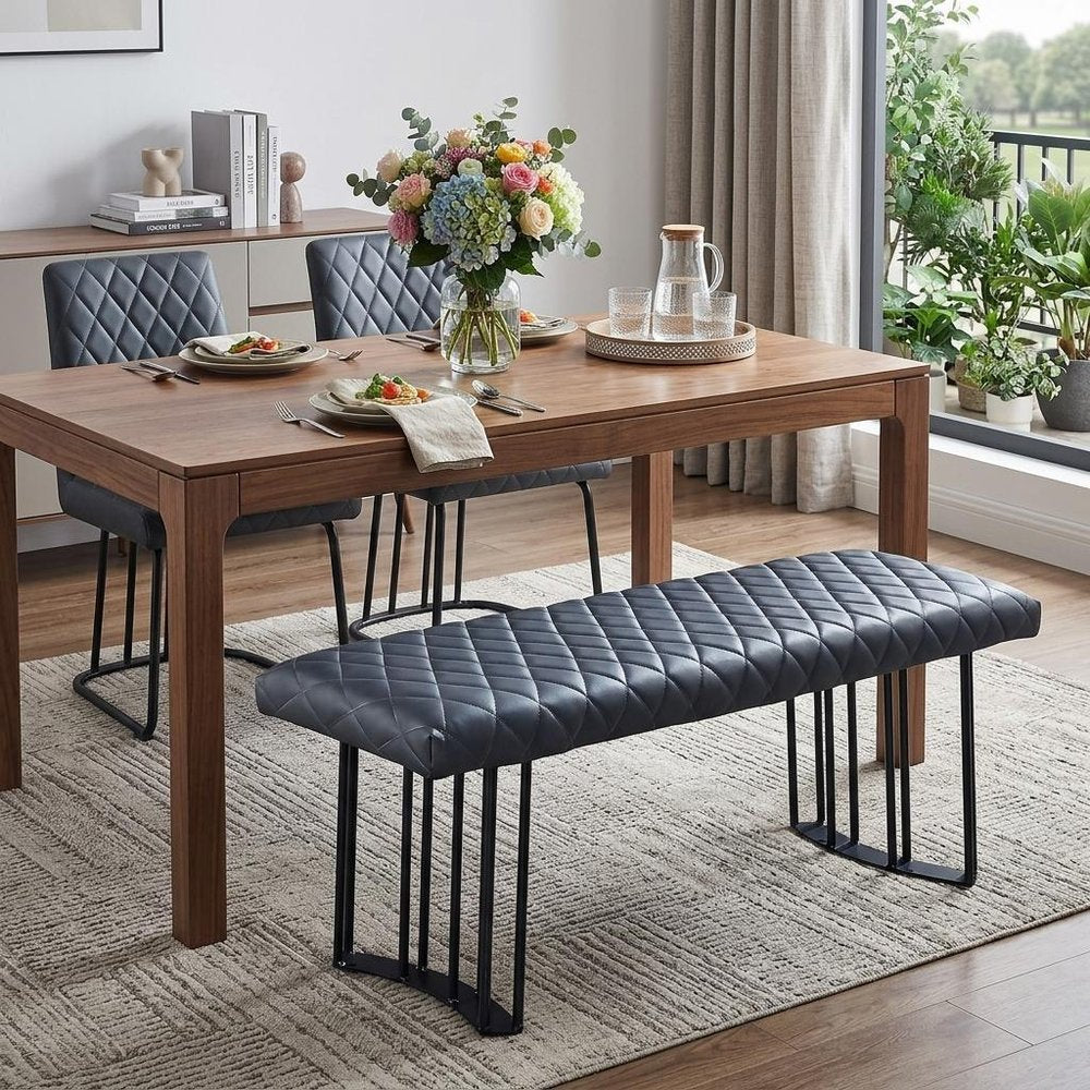 47" Dark Gray and Black Faux Leather Upholstered Dining Bench HomeRoots