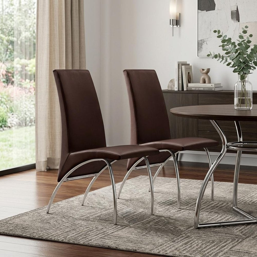 Set of Two Dark Brown And Silver Faux Leather And Metal Dining Side Chairs HomeRoots