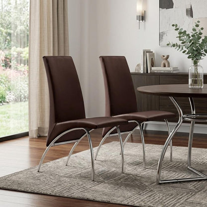 Set of Two Dark Brown And Silver Faux Leather And Metal Dining Side Chairs HomeRoots