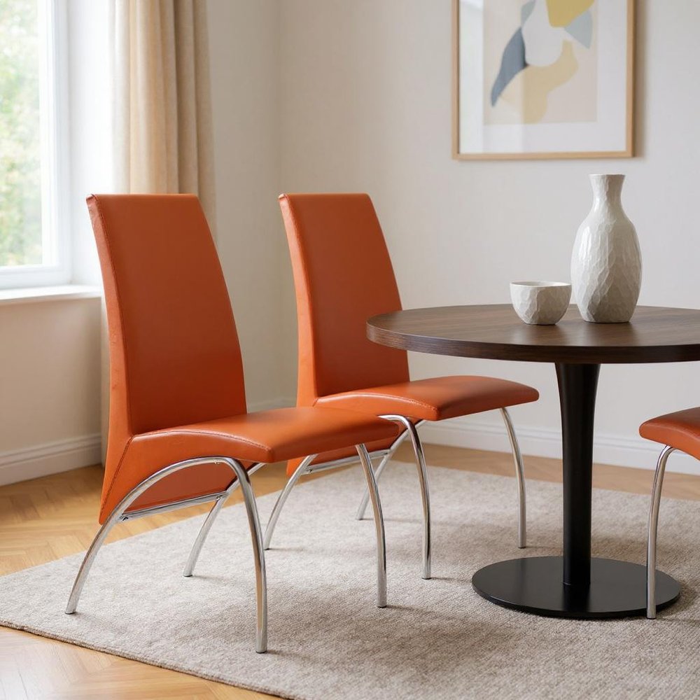 Set of Two Orange And Silver Upholstered Faux Leather Dining Side Chairs HomeRoots