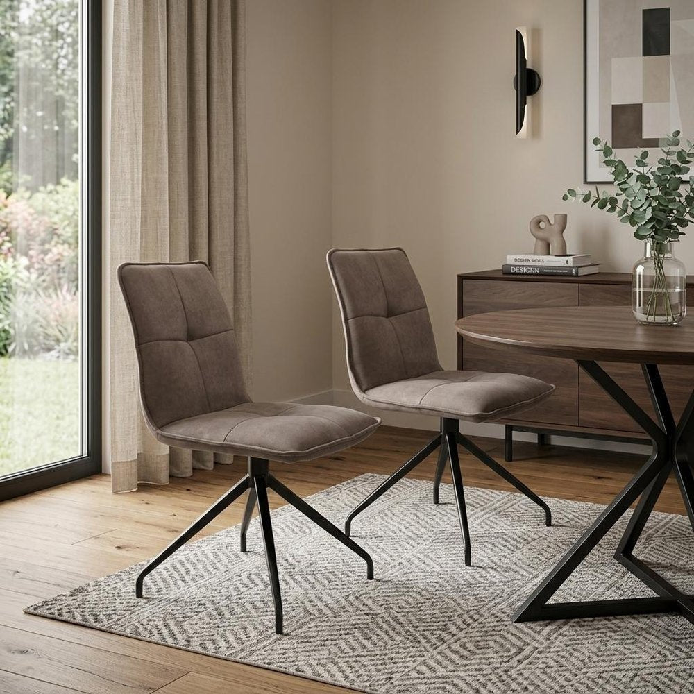 Set of Two Dark Brown And Black Fabric And Metal Swivel Dining Side Chairs HomeRoots