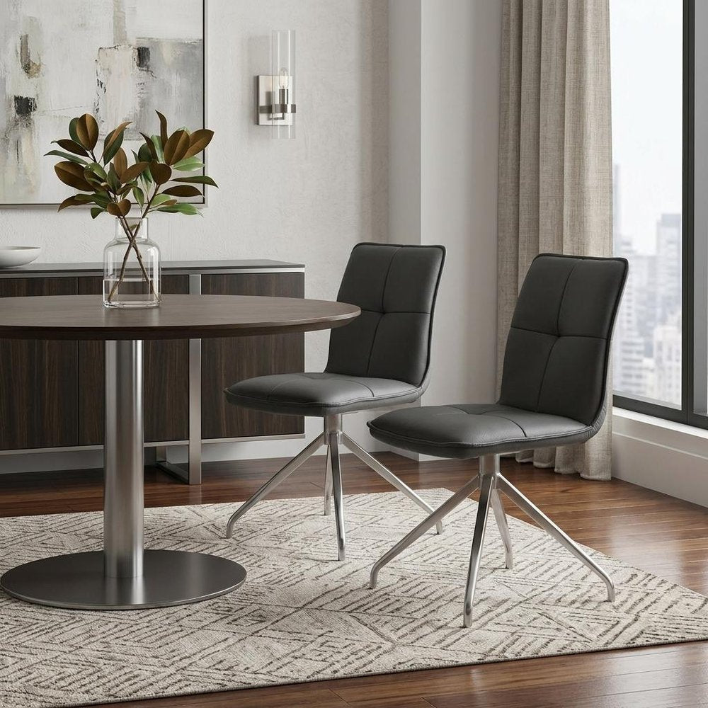 Set of Two Dark Brown And Black Fabric And Metal Swivel Dining Side Chairs HomeRoots