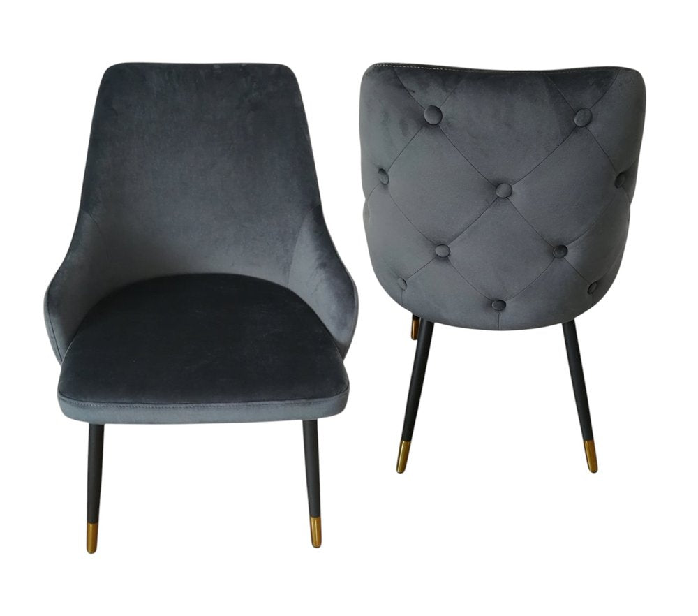 Set of Two Charcoal Black And Gold Tufted Fabric And Metal Dining Side Chairs HomeRoots
