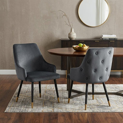 Set of Two Charcoal Black And Gold Tufted Fabric And Metal Dining Side Chairs HomeRoots