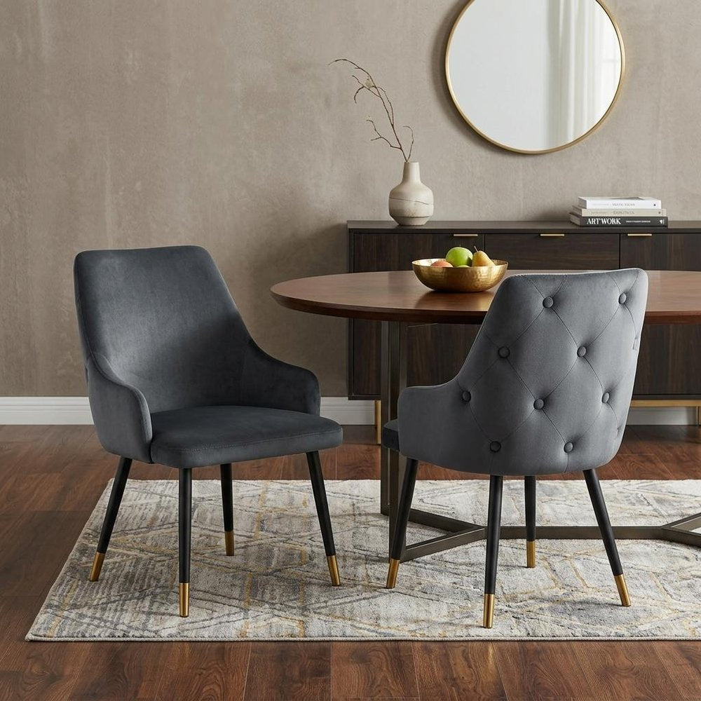 Set of Two Charcoal Black And Gold Tufted Fabric And Metal Dining Side Chairs — view 10