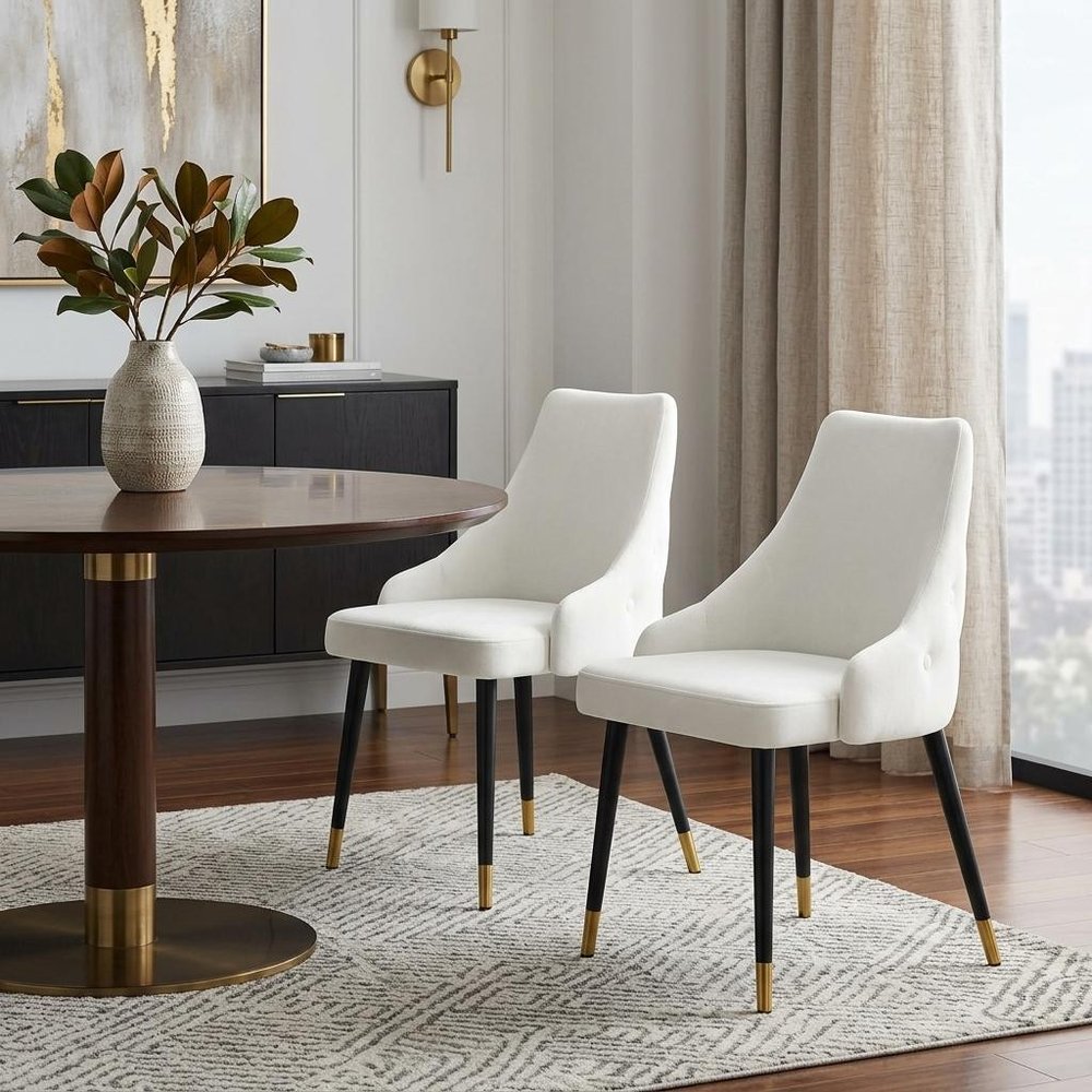 Set of Two White Black And Gold Fabric And Metal Dining Side Chairs HomeRoots