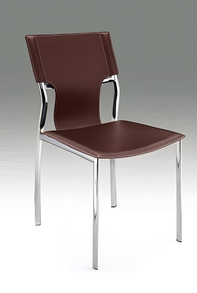 Set of Four Dark Brown And Silver Leather And Metal Partially Open Back Dining Side Chairs — view 1