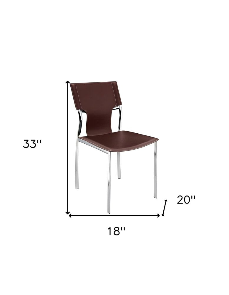 Set of Four Dark Brown And Silver Leather And Metal Partially Open Back Dining Side Chairs — view 3